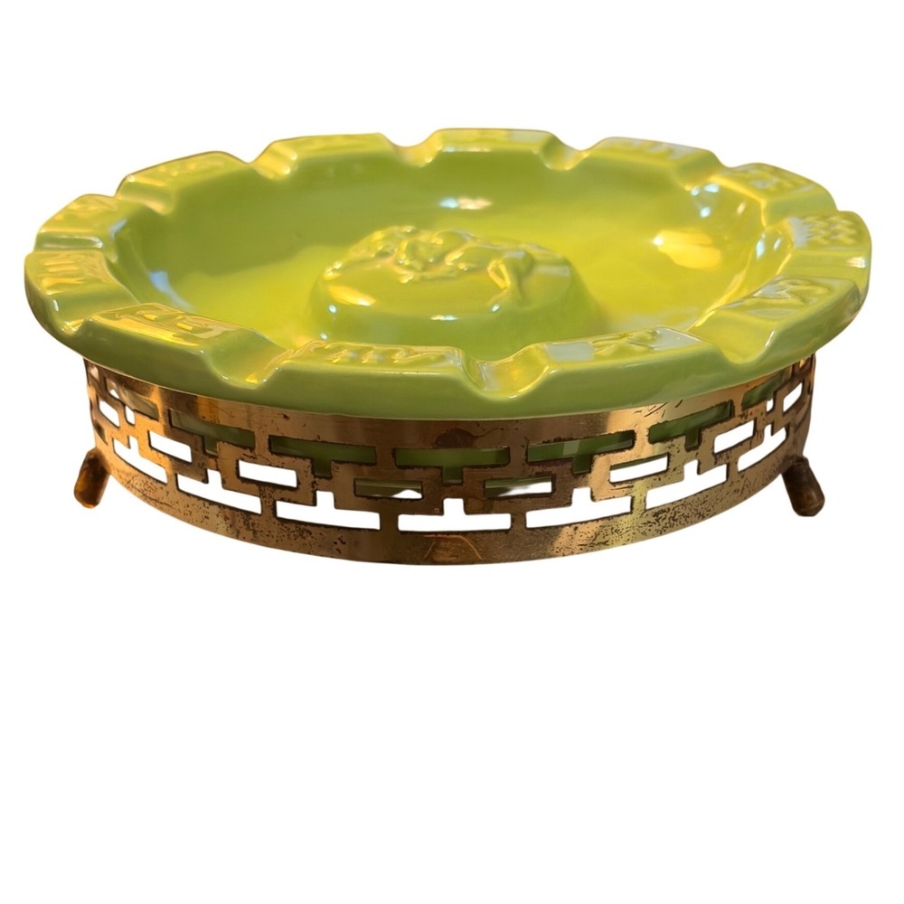 Vtg MCM Green Ceramic Ashtray Brass Base La Colonnata Style Italy Taurus Atomic - Picture 2 of 8